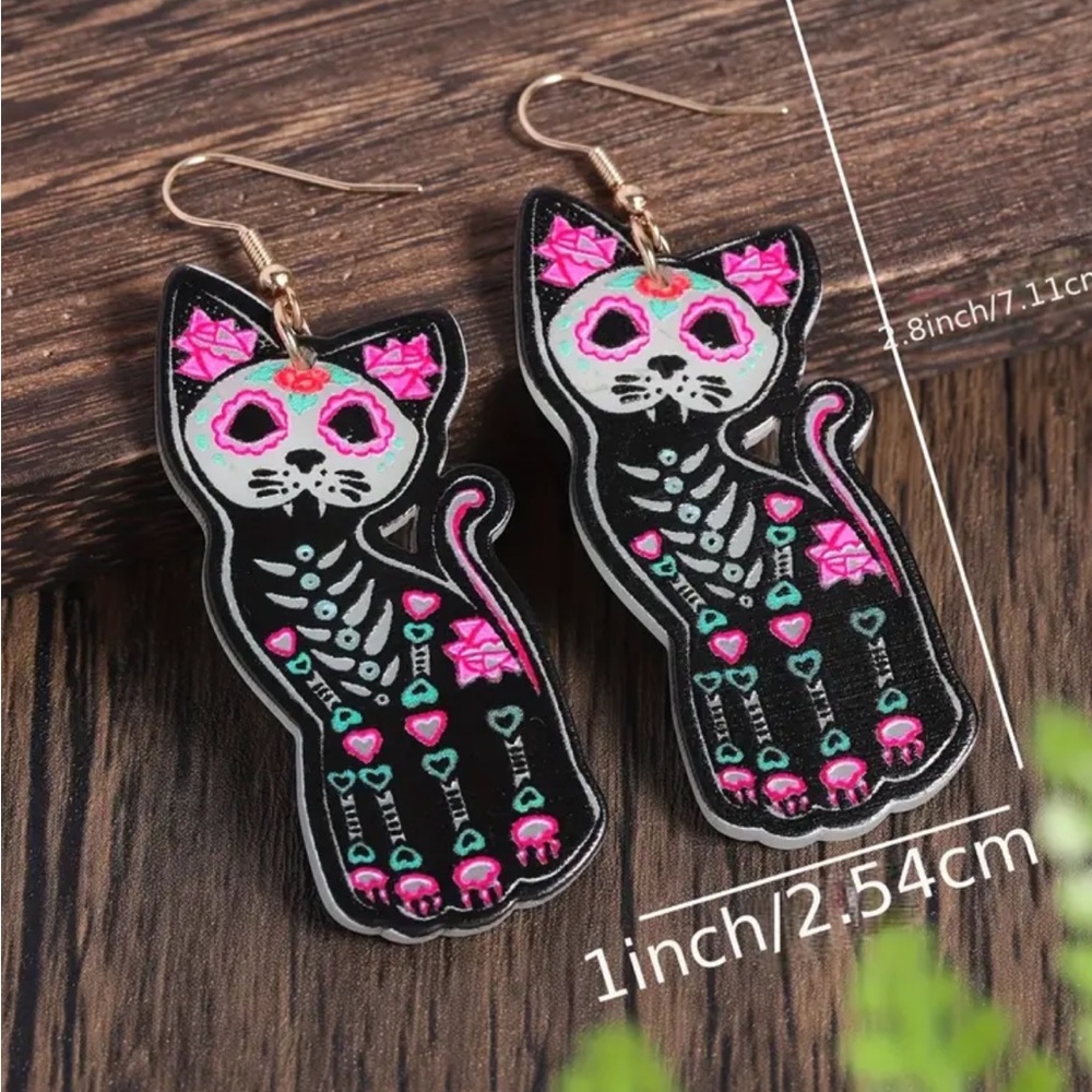 Glow in the Dark Day of the Dead Cat Earrings - Picture 3 of 3